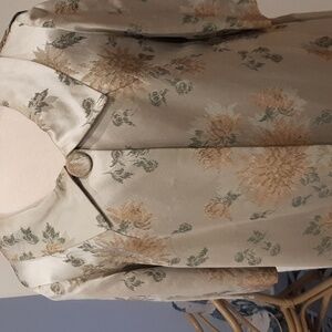 Vintage SUSAN SMALL Evening Coat Celadon GREEN FLORAL SATIN S M Heavy Lined